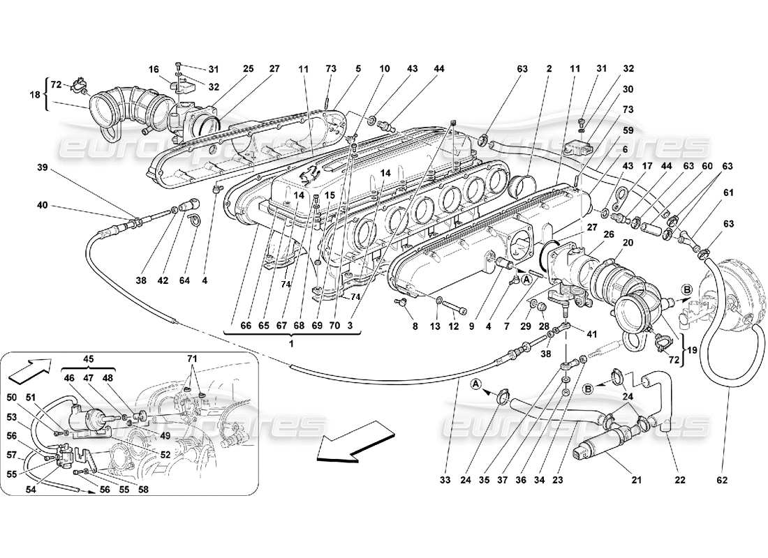ferrari 550 maranello diagramma delle parti dei collettori di aspirazione dell'aria