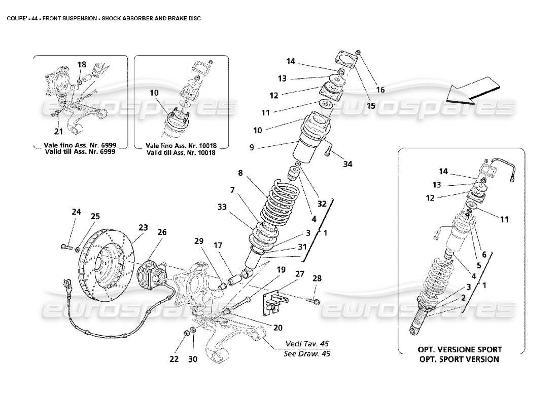 maserati 4200 coupe (2002) sospensione anteriore - ammortizzatore e disco freno schema delle parti