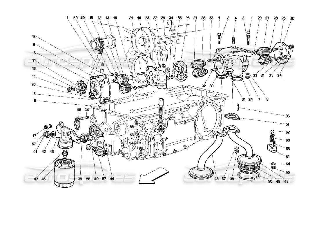 ferrari 512 m lubrificazione: diagramma delle parti di pompe e filtri dell'olio
