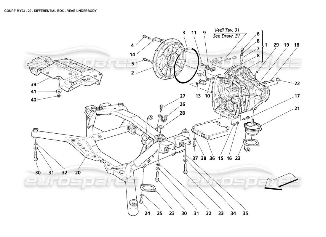 maserati 4200 coupe (2003) scatola differenziale - schema della parte del sottoscocca posteriore