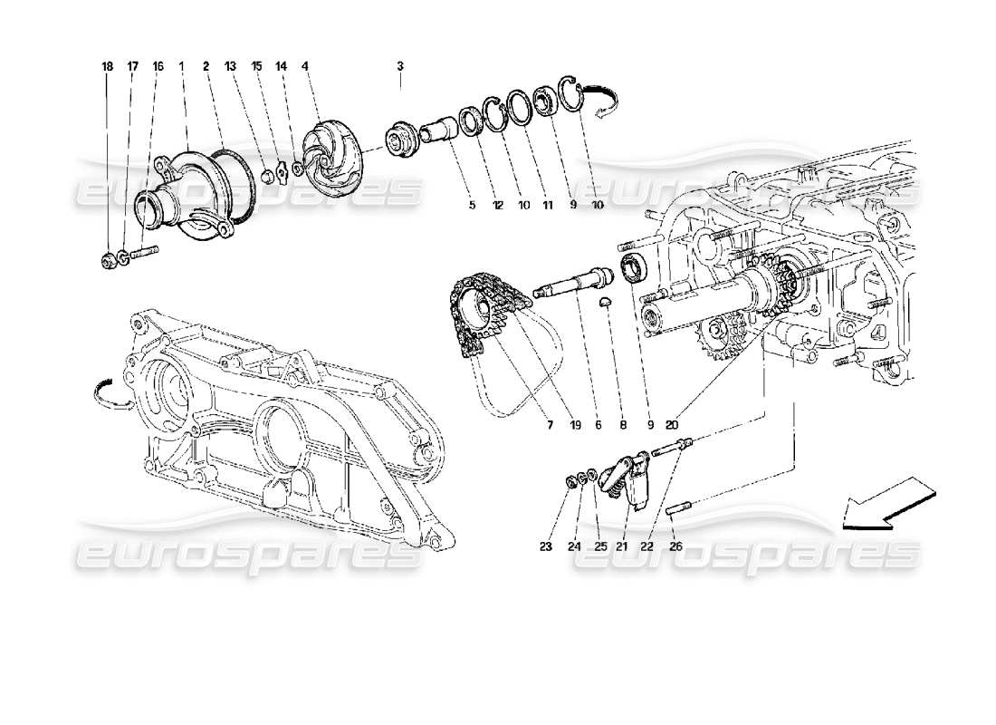 ferrari 512 m schema delle parti della pompa dell'acqua