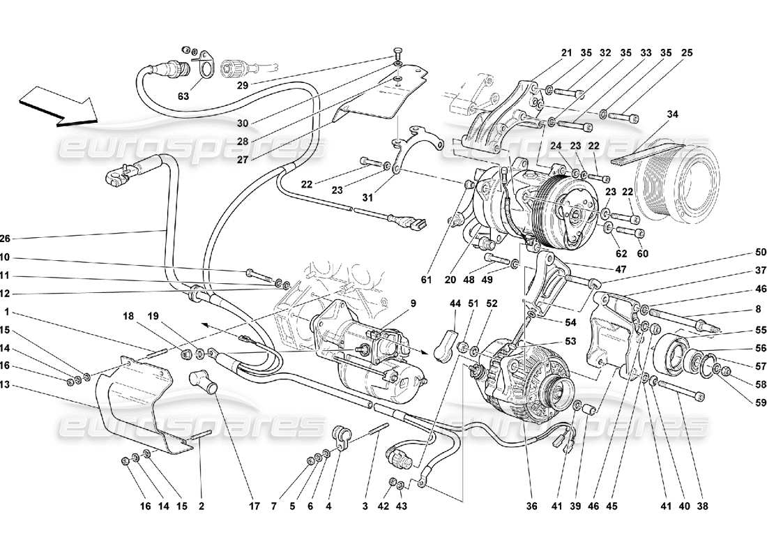 ferrari 550 maranello diagramma delle parti del motorino di avviamento dell'alternatore e del compressore ca