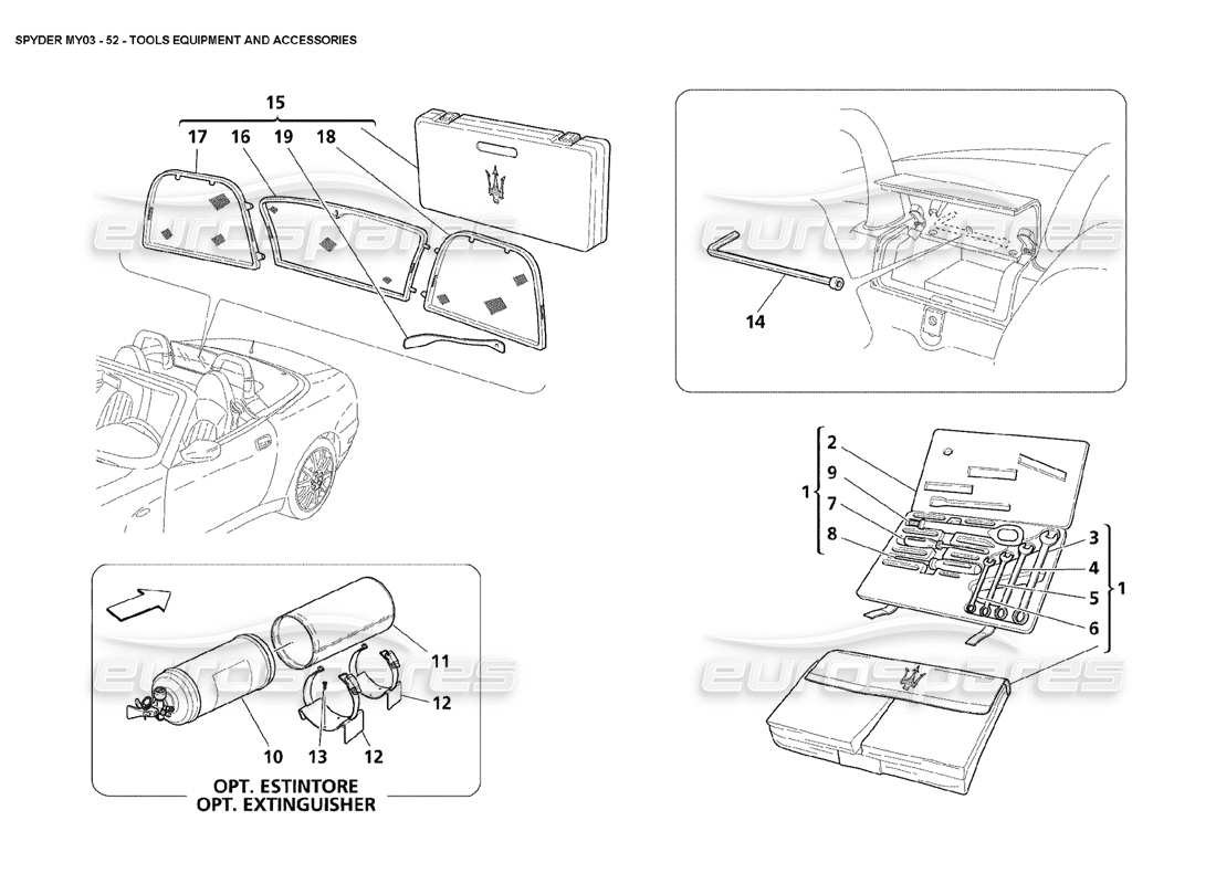maserati 4200 spyder (2003) diagramma delle parti di attrezzature e accessori degli strumenti