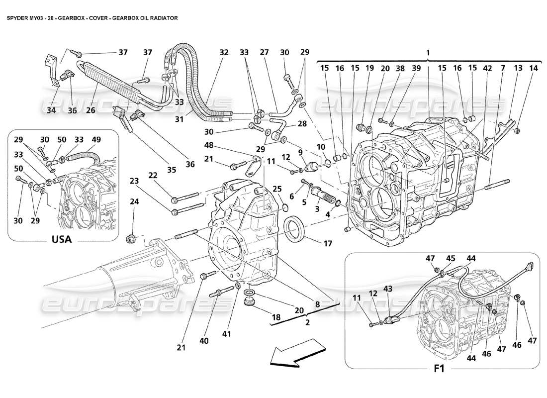 maserati 4200 spyder (2003) schema delle parti del cambio - coperchio - radiatore dell'olio del cambio