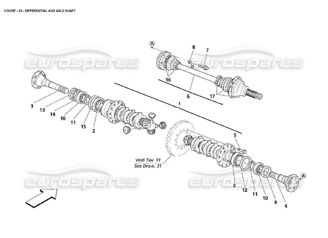 maserati 4200 coupe (2002) diagramma delle parti del differenziale e degli alberi dell'asse