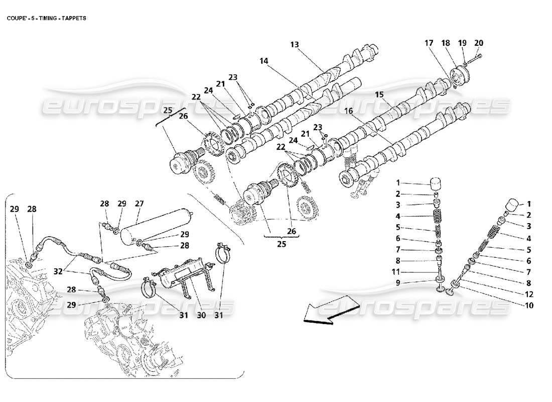 maserati 4200 coupe (2002) distribuzione: diagramma delle parti delle punterie