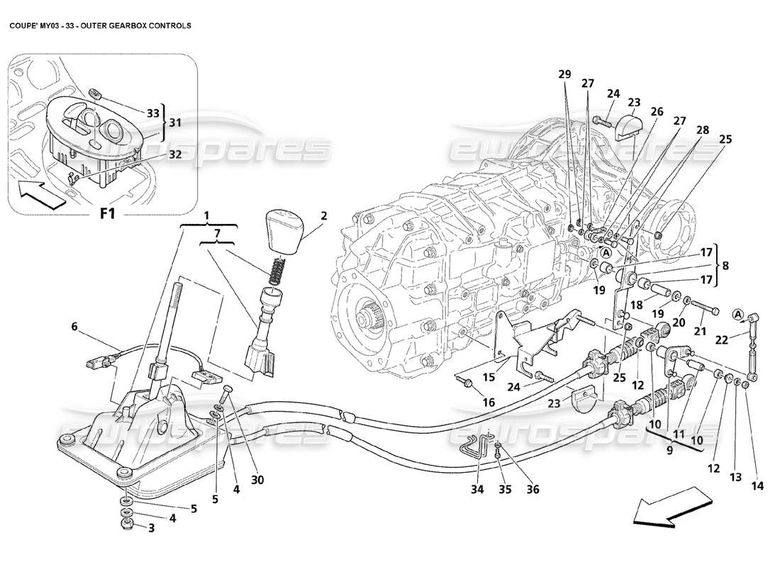 maserati 4200 coupe (2003) diagramma delle parti dei controlli del cambio esterno