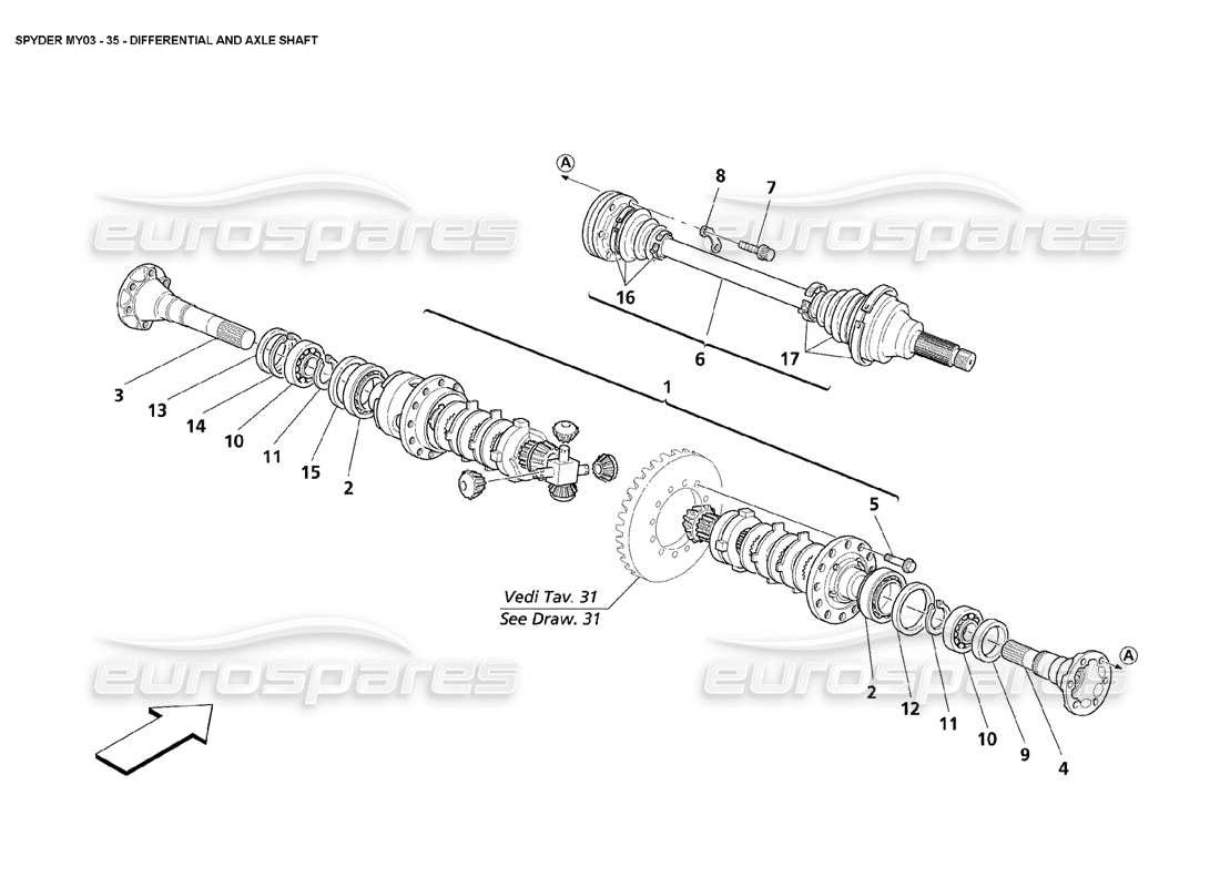maserati 4200 spyder (2003) diagramma delle parti del differenziale e degli alberi dell'asse