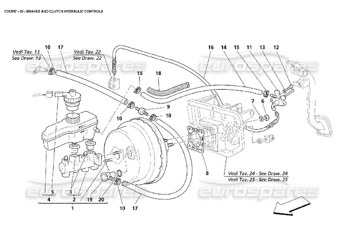 maserati 4200 coupe (2002) schema parziale dei comandi idraulici di freni e frizione