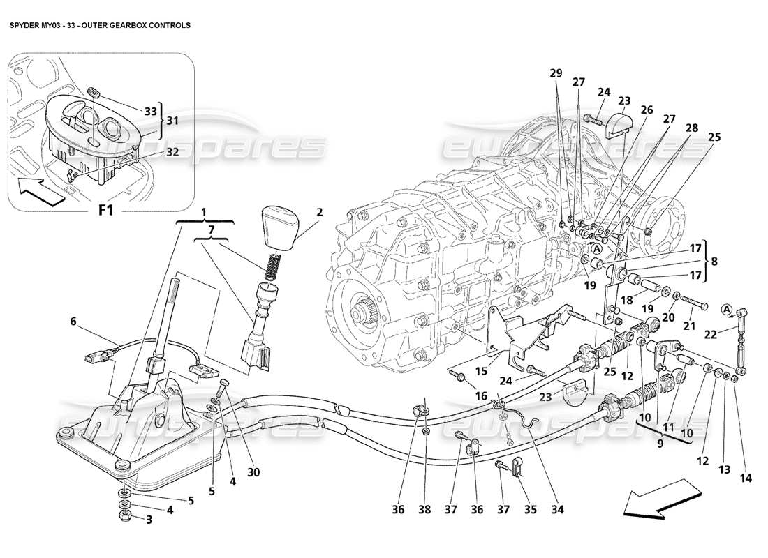 maserati 4200 spyder (2003) diagramma delle parti dei controlli del cambio esterno