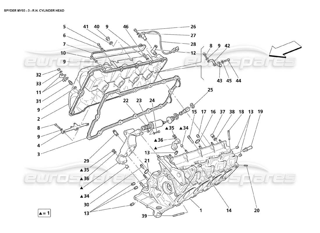 maserati 4200 spyder (2003) schema delle parti della testata destra