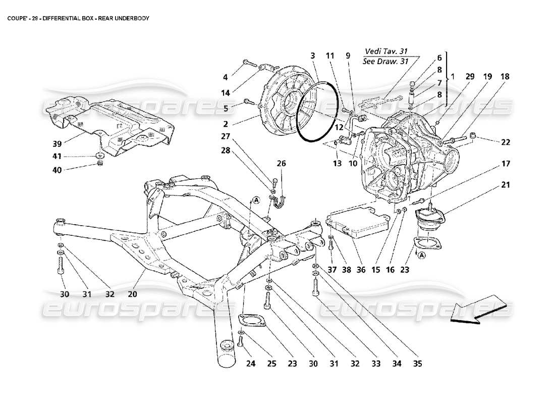 maserati 4200 coupe (2002) scatola differenziale - schema della parte del sottoscocca posteriore