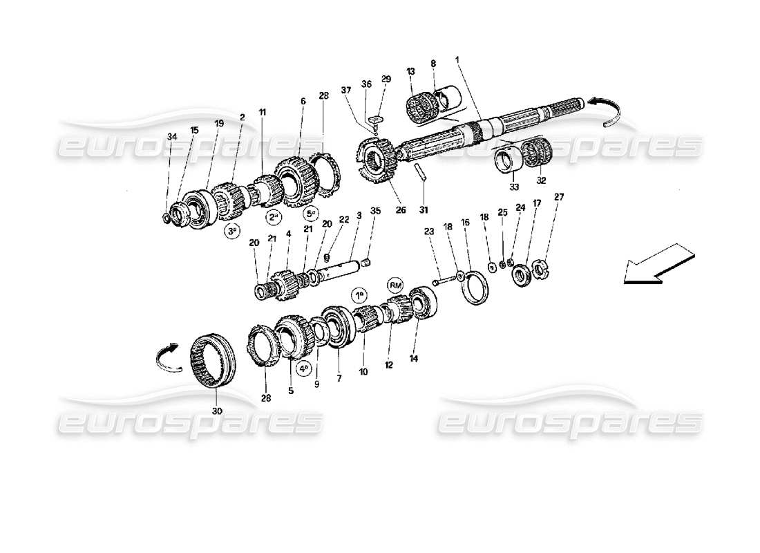 ferrari 512 m diagramma delle parti degli ingranaggi dell'albero principale