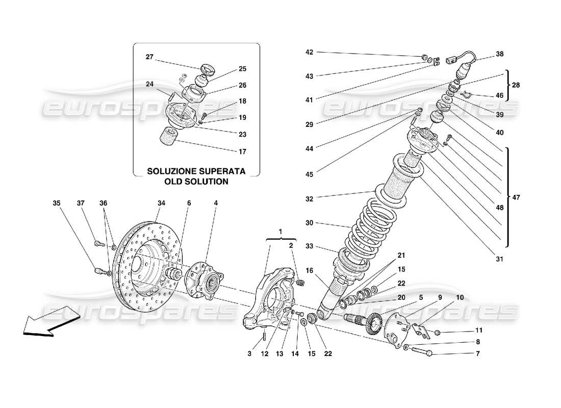 ferrari 550 maranello sospensione anteriore - ammortizzatore e disco freno schema delle parti