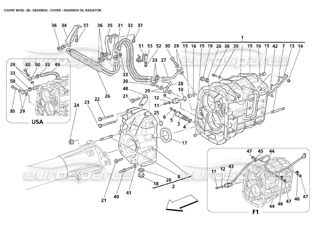 maserati 4200 coupe (2004) copertura della scatola del cambio radiatore dell'olio della scatola del cambio diagramma delle parti