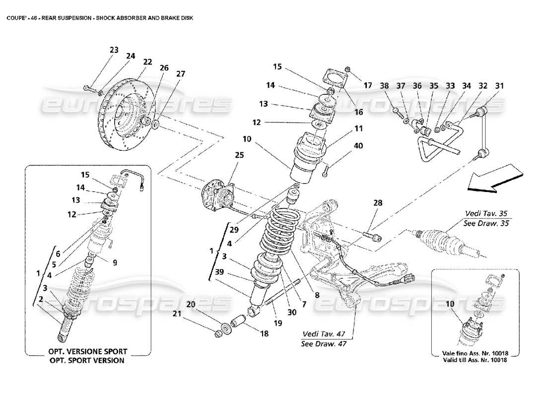 maserati 4200 coupe (2002) sospensione posteriore: schema delle parti dell'ammortizzatore e del disco freno