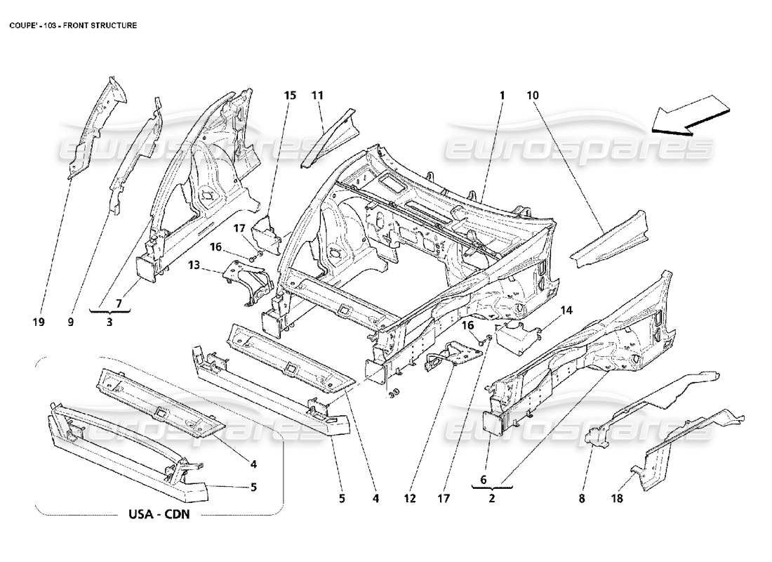 maserati 4200 coupe (2002) diagramma delle parti della struttura anteriore