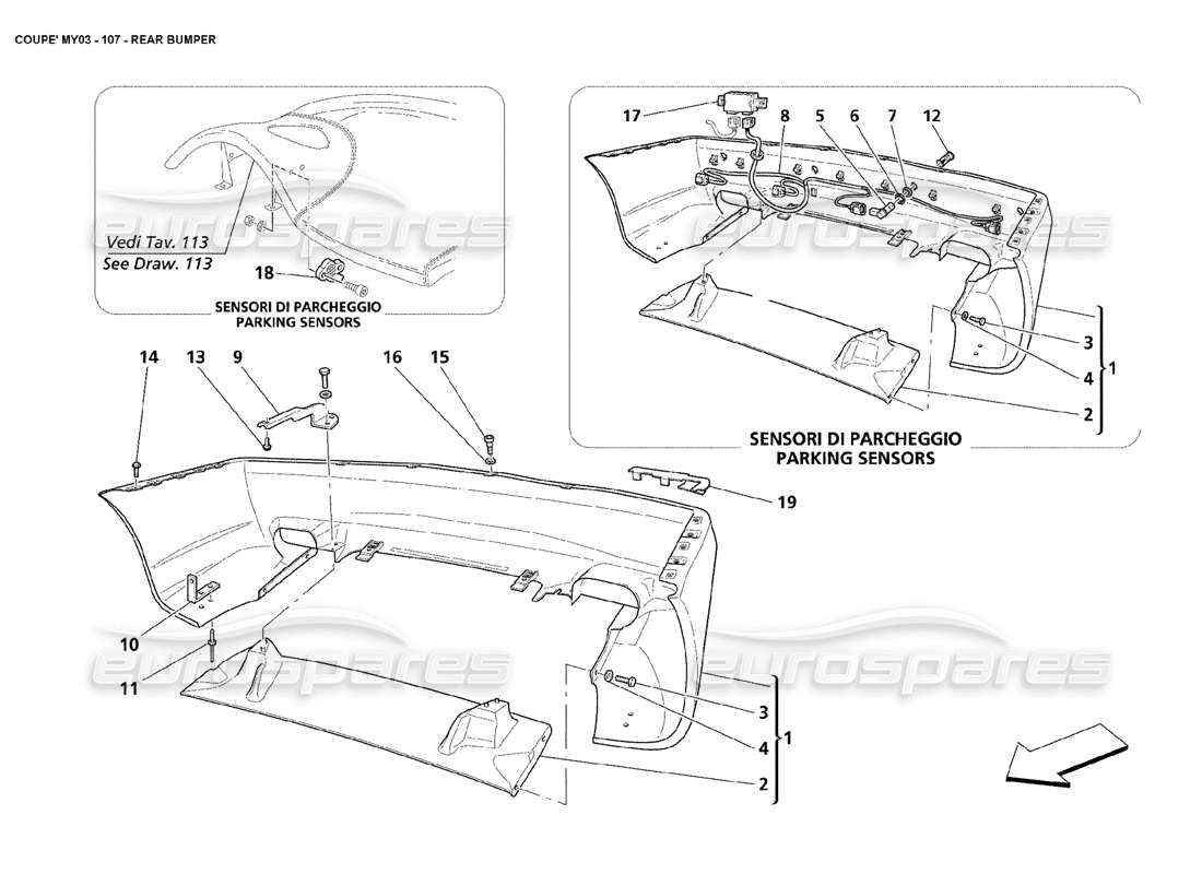 maserati 4200 coupe (2003) schema delle parti paraurti posteriore