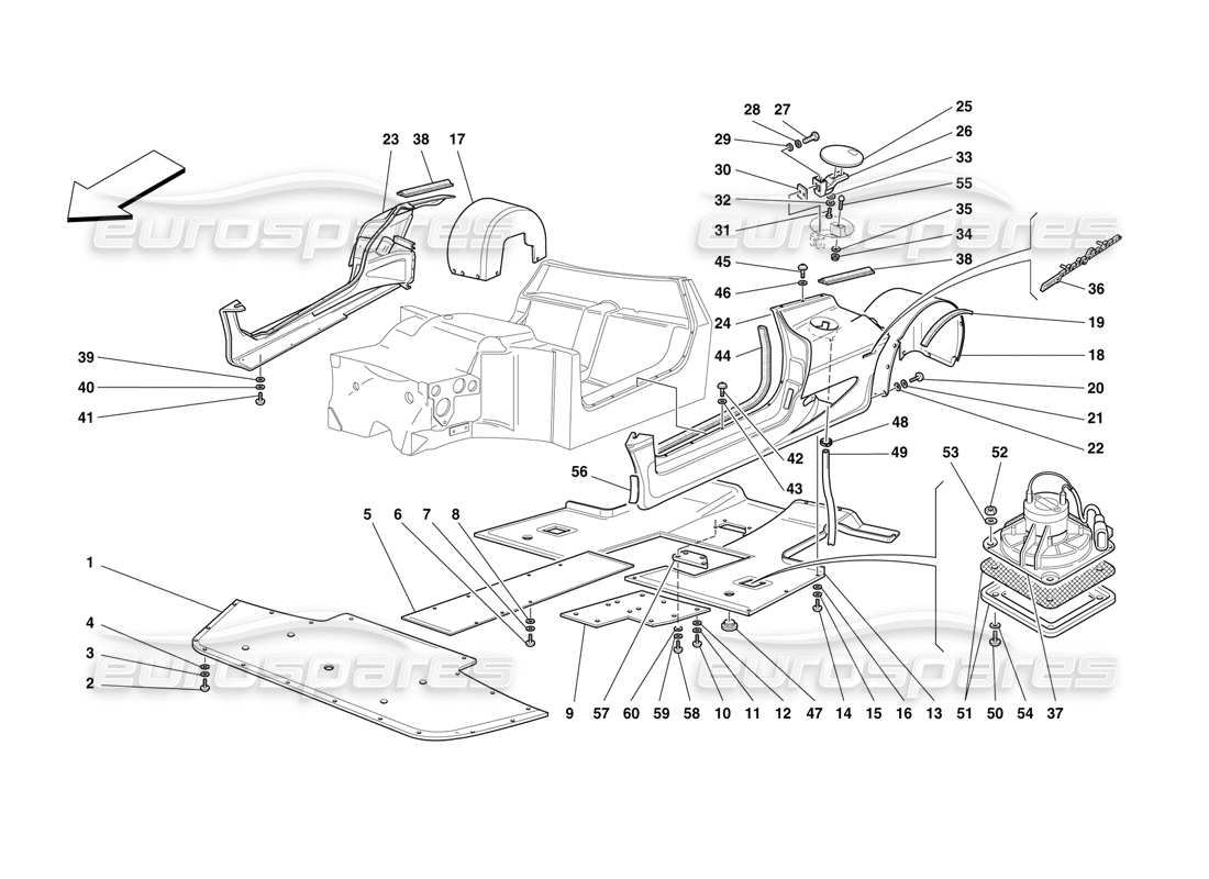 ferrari f50 carrozzeria: schema delle parti degli elementi laterali, del pianale piatto e dei passaruota posteriori