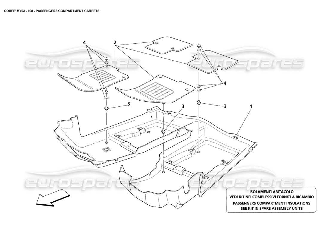 maserati 4200 coupe (2003) schema delle parti della moquette dell'abitacolo passeggeri