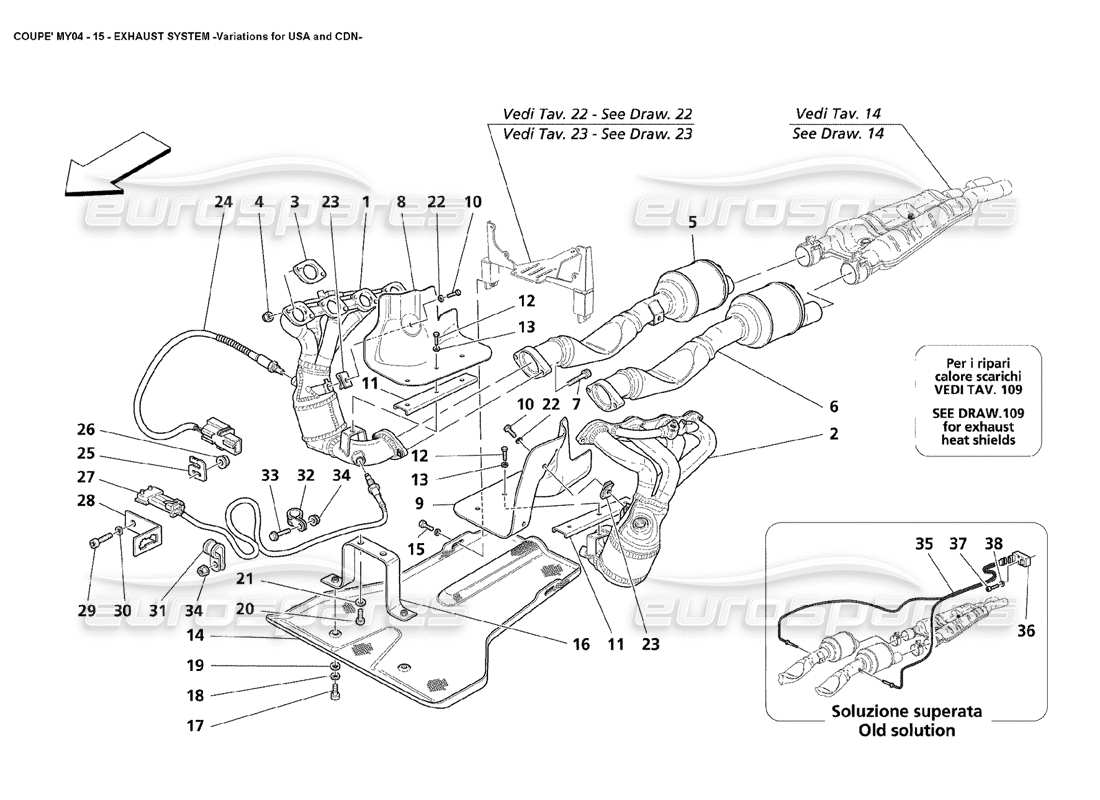 maserati 4200 coupe (2004) variazioni del sistema di scarico per usa e cdn diagramma delle parti