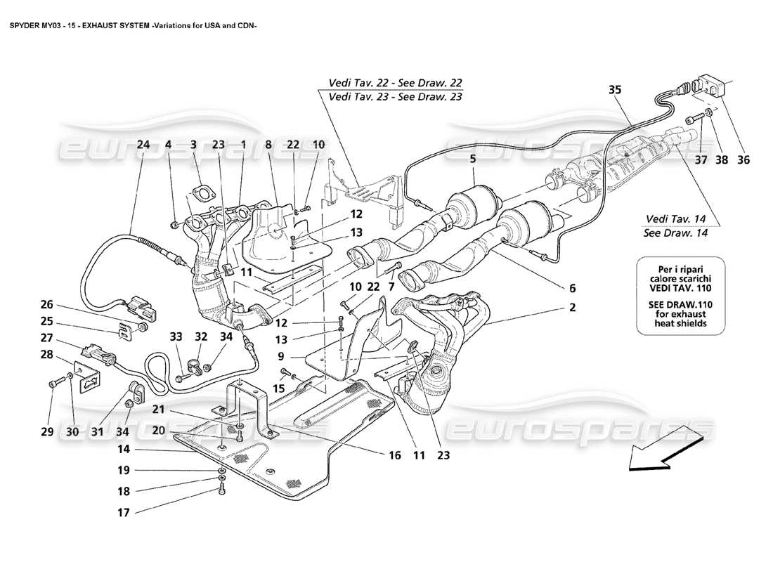 maserati 4200 spyder (2003) sistema di scarico - variazioni per usa e cdn diagramma delle parti