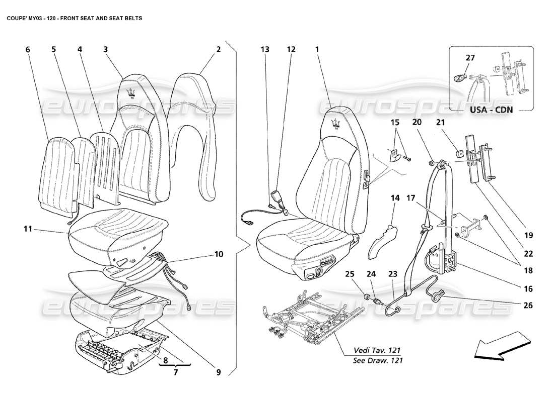 maserati 4200 coupe (2003) diagramma delle parti dei sedili anteriori e delle cinture di sicurezza