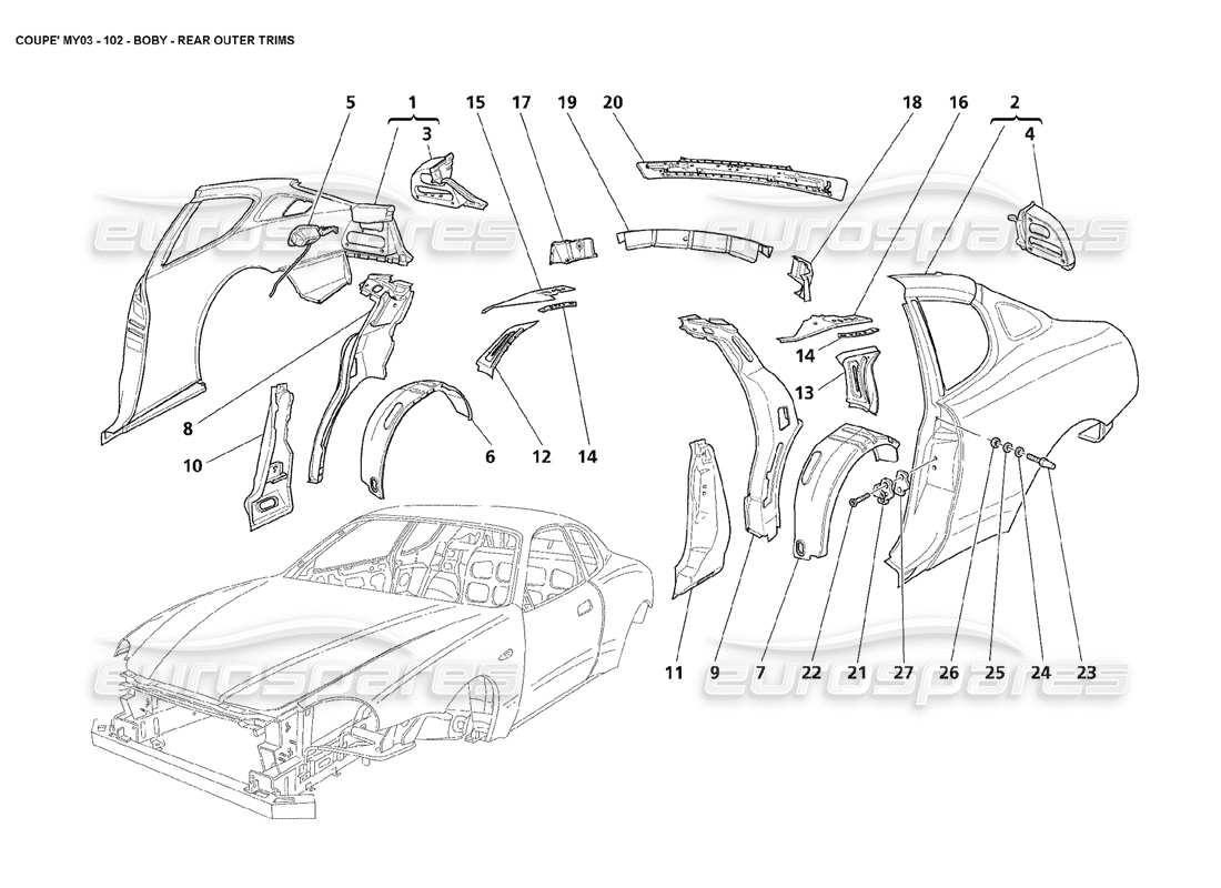 maserati 4200 coupe (2003) carrozzeria - schema delle parti delle finiture esterne posteriori