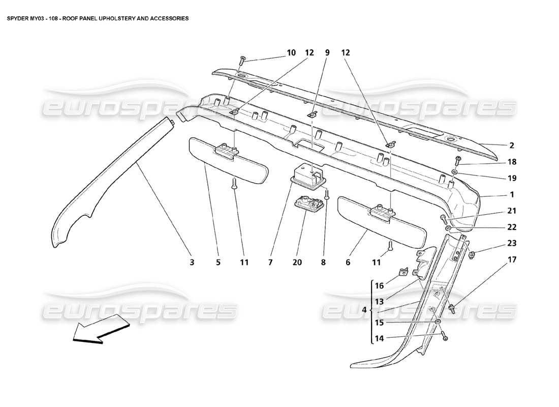 maserati 4200 spyder (2003) rivestimenti e accessori del pannello del tetto diagramma delle parti