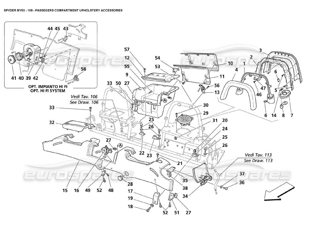 maserati 4200 spyder (2003) schema delle parti degli accessori della tappezzeria dell'abitacolo