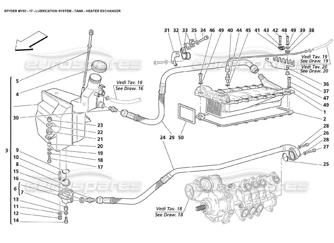 maserati 4200 spyder (2003) schema delle parti del sistema di lubrificazione - serbatoio - scambiatore di calore