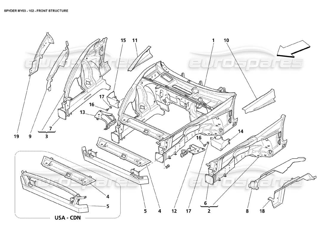 maserati 4200 spyder (2003) struttura frontale diagramma delle parti