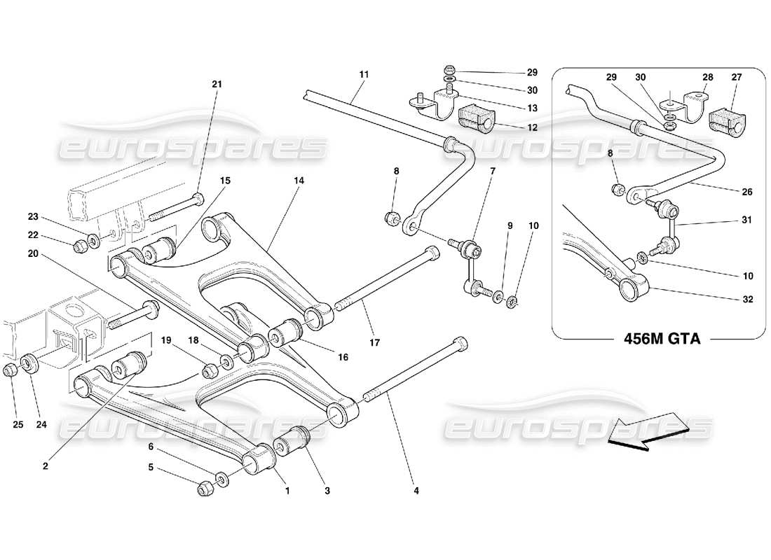 ferrari 456 m gt/m gta sospensione posteriore: schema delle parti bracci trasversali e barra stabilizzatrice