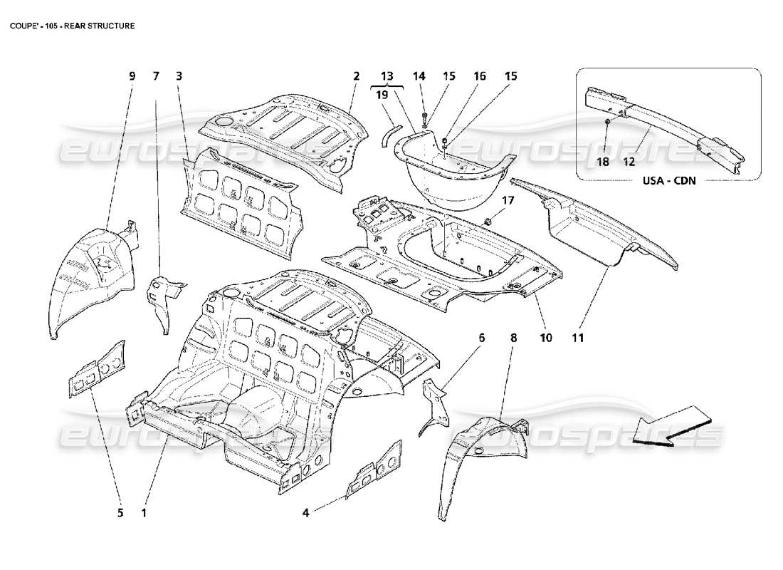 maserati 4200 coupe (2002) diagramma delle parti della struttura posteriore