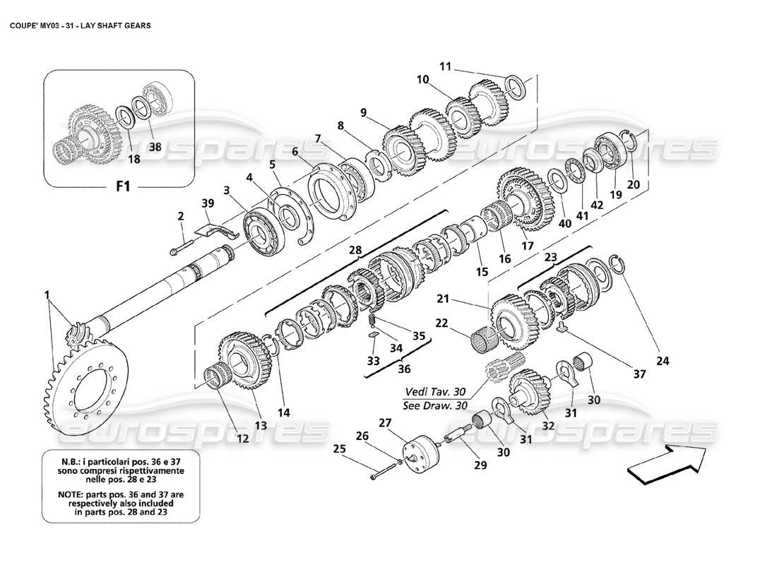 maserati 4200 coupe (2003) diagramma delle parti degli ingranaggi dell'albero di rinvio