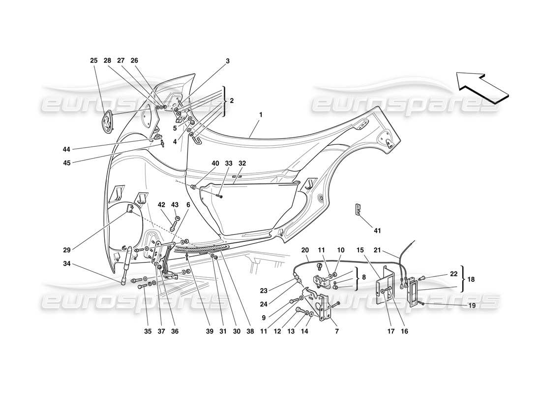 ferrari f50 schema delle parti del cofano anteriore e del controllo di apertura
