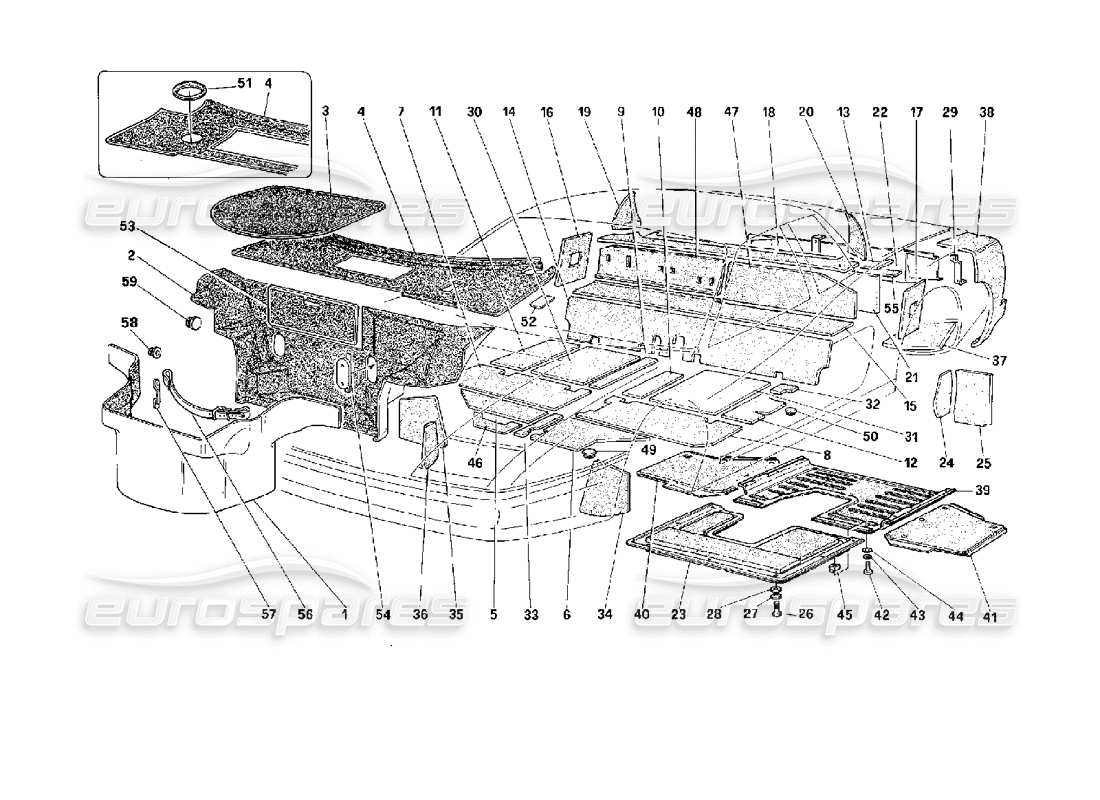 ferrari 512 m schema delle parti della moquette del vano bagagli e dei pannelli isolanti