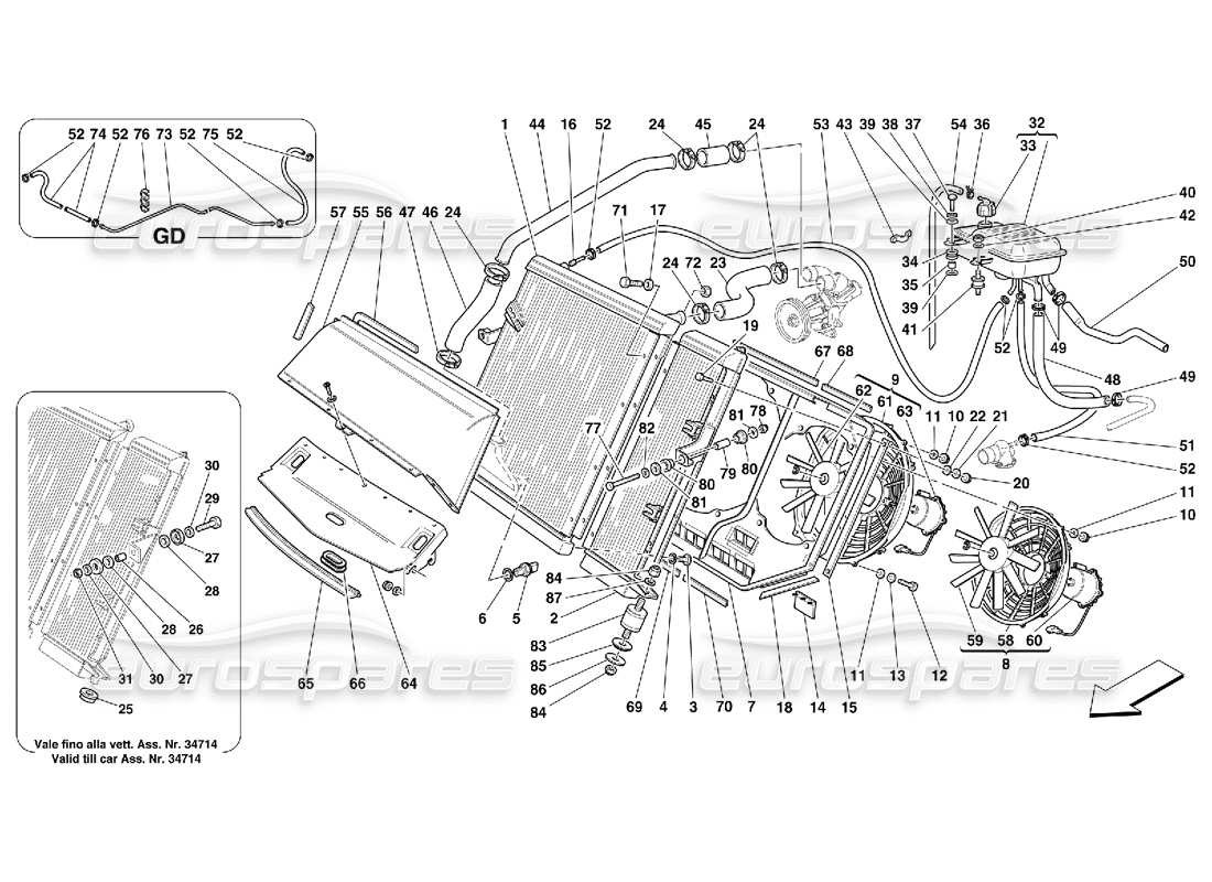 ferrari 456 m gt/m gta sistema di raffreddamento: diagramma delle parti del radiatore e del sensore