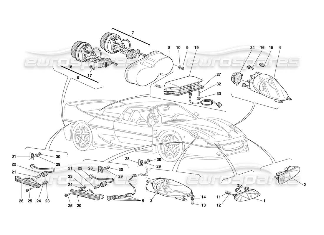 ferrari f50 luci anteriori e posteriori diagramma delle parti