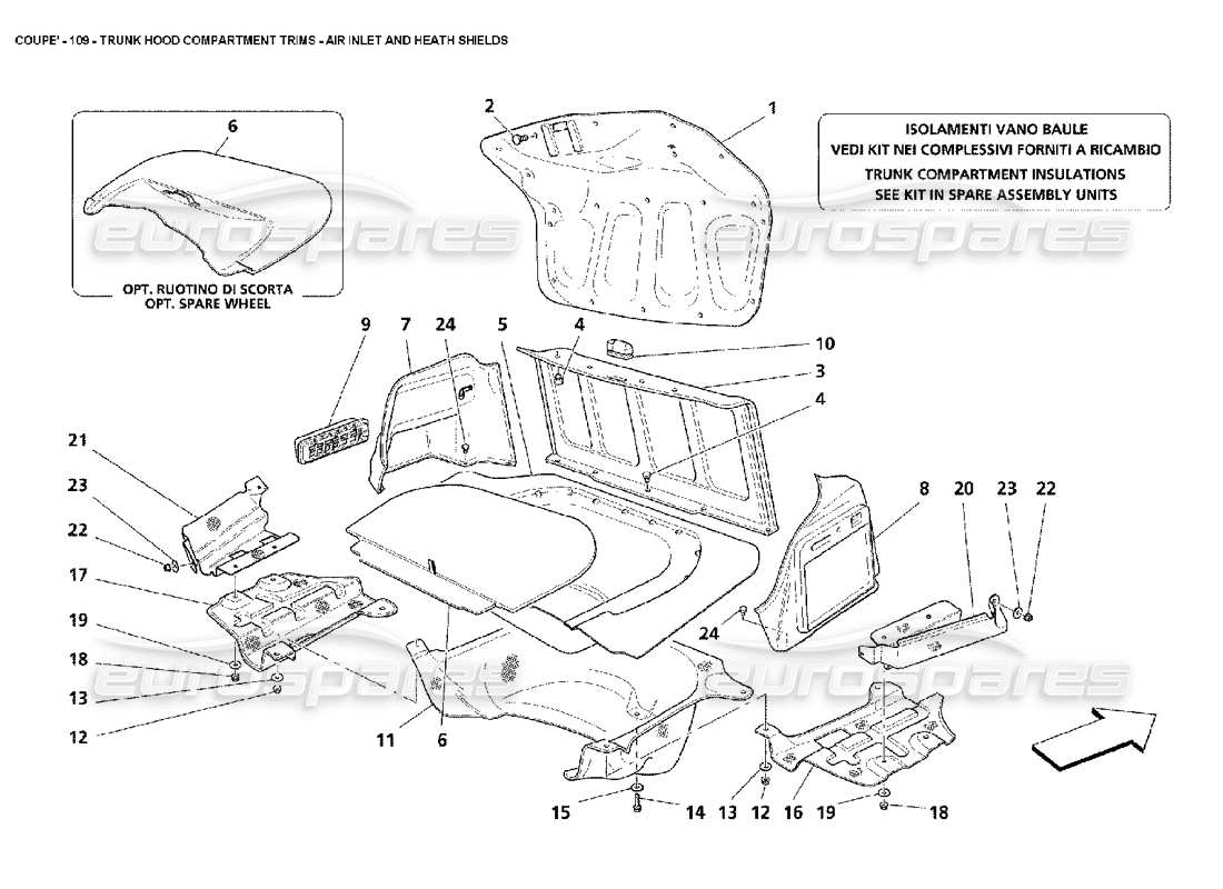 maserati 4200 coupe (2002) finiture del vano del cofano del bagagliaio: diagramma delle parti della presa d'aria e degli scudi contro la brughiera