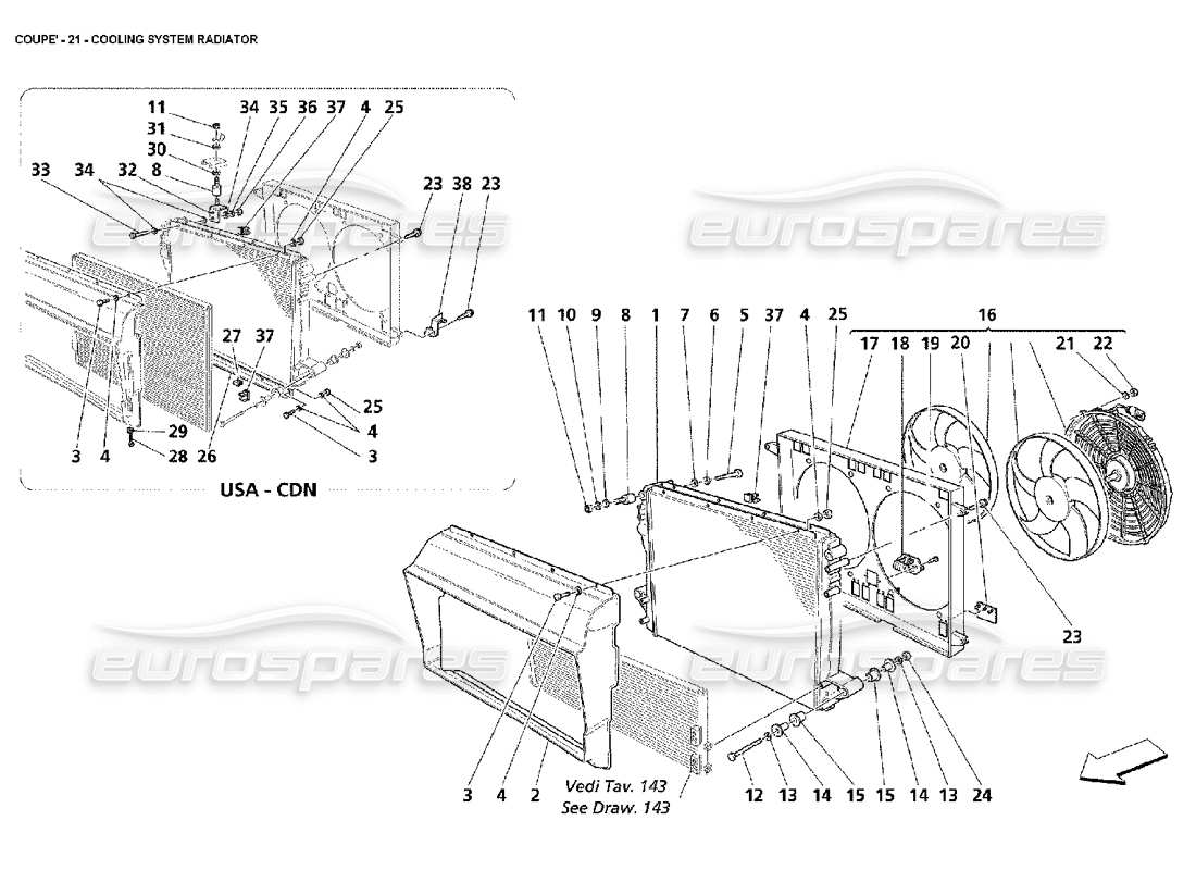 maserati 4200 coupe (2002) schema delle parti del radiatore del sistema di raffreddamento