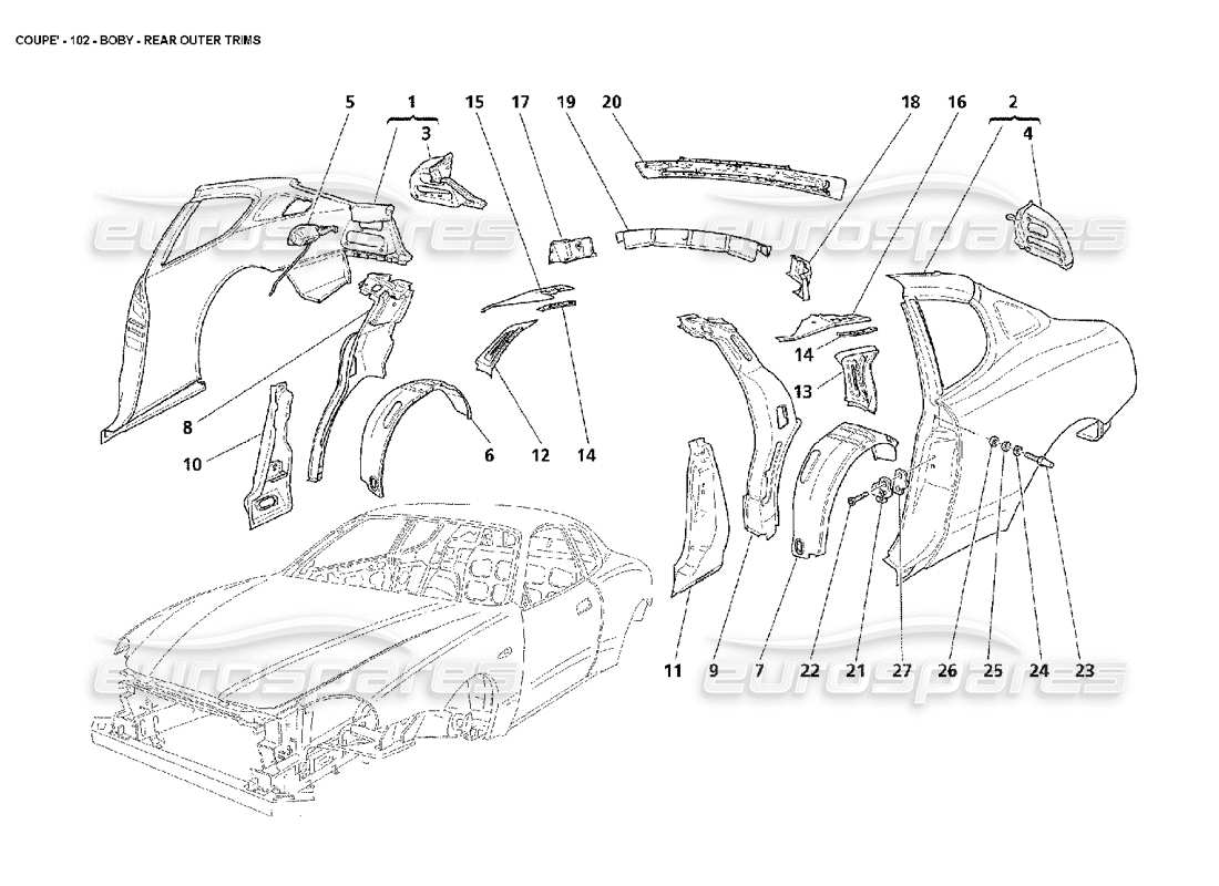maserati 4200 coupe (2002) diagramma delle parti delle finiture esterne posteriori della carrozzeria