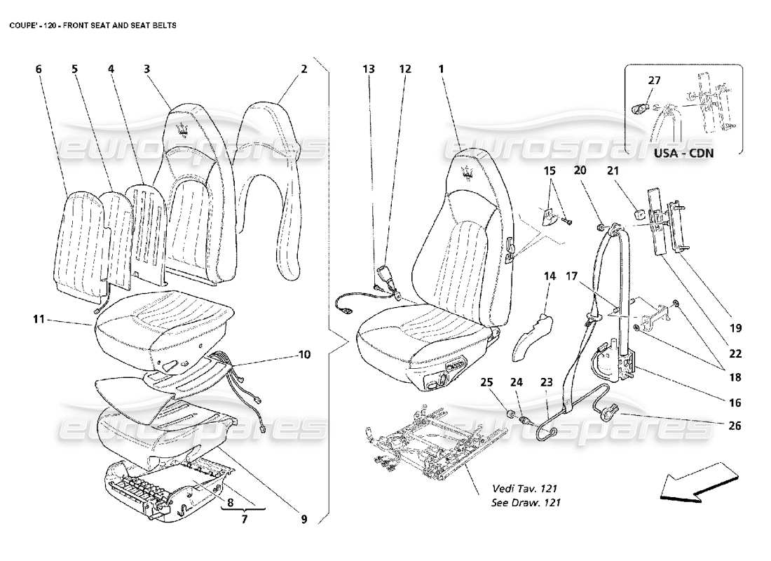 maserati 4200 coupe (2002) diagramma delle parti dei sedili anteriori e delle cinture di sicurezza