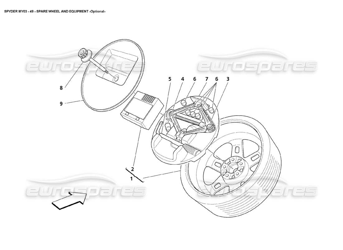 maserati 4200 spyder (2003) ruota di scorta e attrezzatura - schema delle parti opzionali