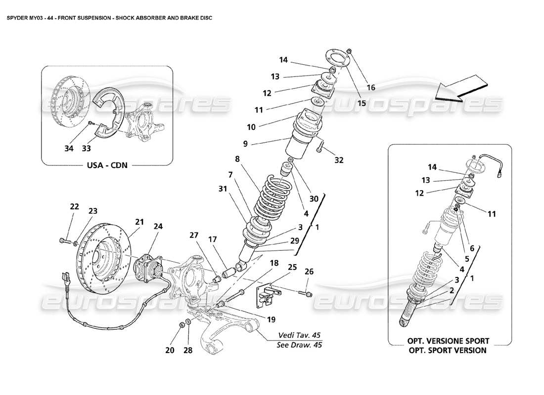 maserati 4200 spyder (2003) sospensioni anteriori - schema delle parti ammortizzatori e dischi freno