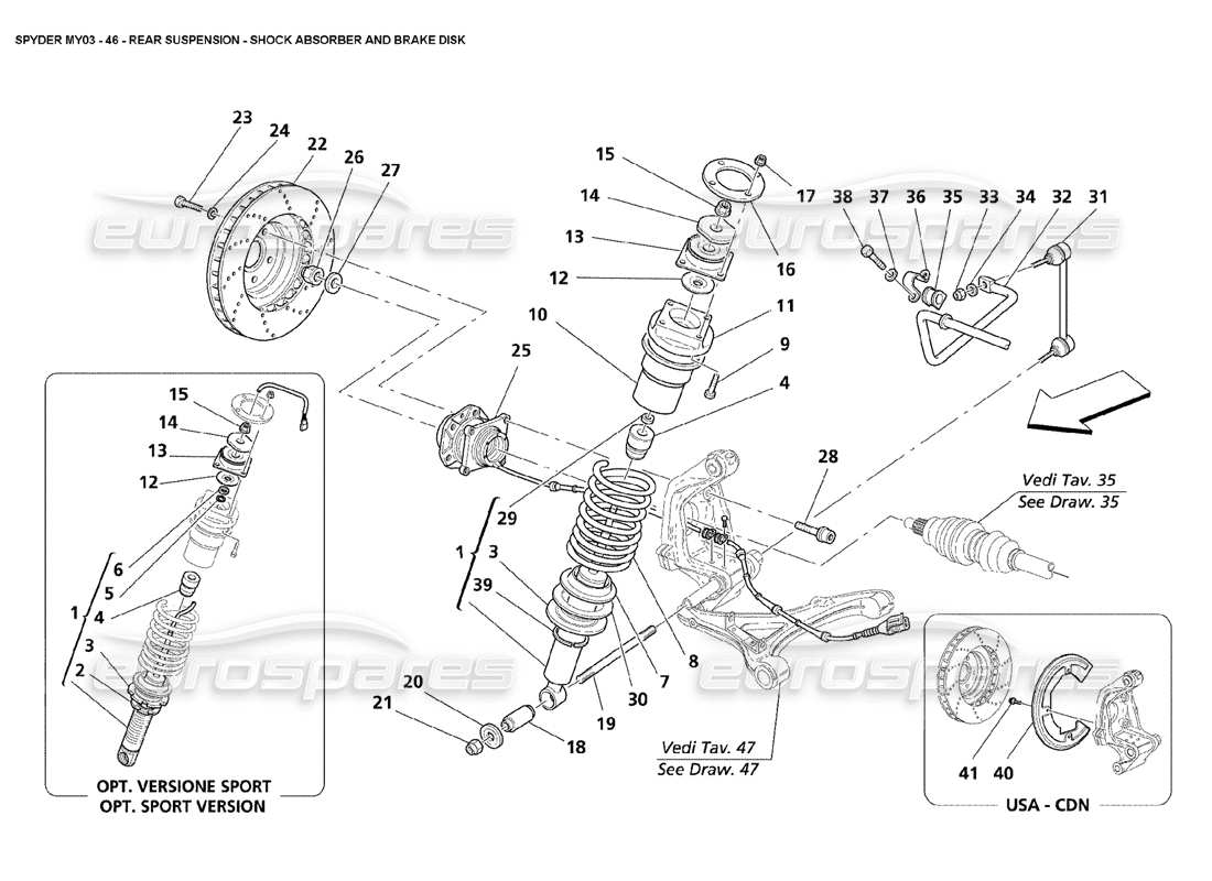 maserati 4200 spyder (2003) sospensione posteriore: schema delle parti dell'ammortizzatore e dei dischi freno