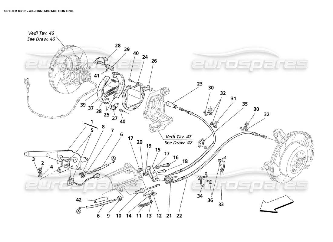 maserati 4200 spyder (2003) diagramma delle parti dei comandi del freno a mano
