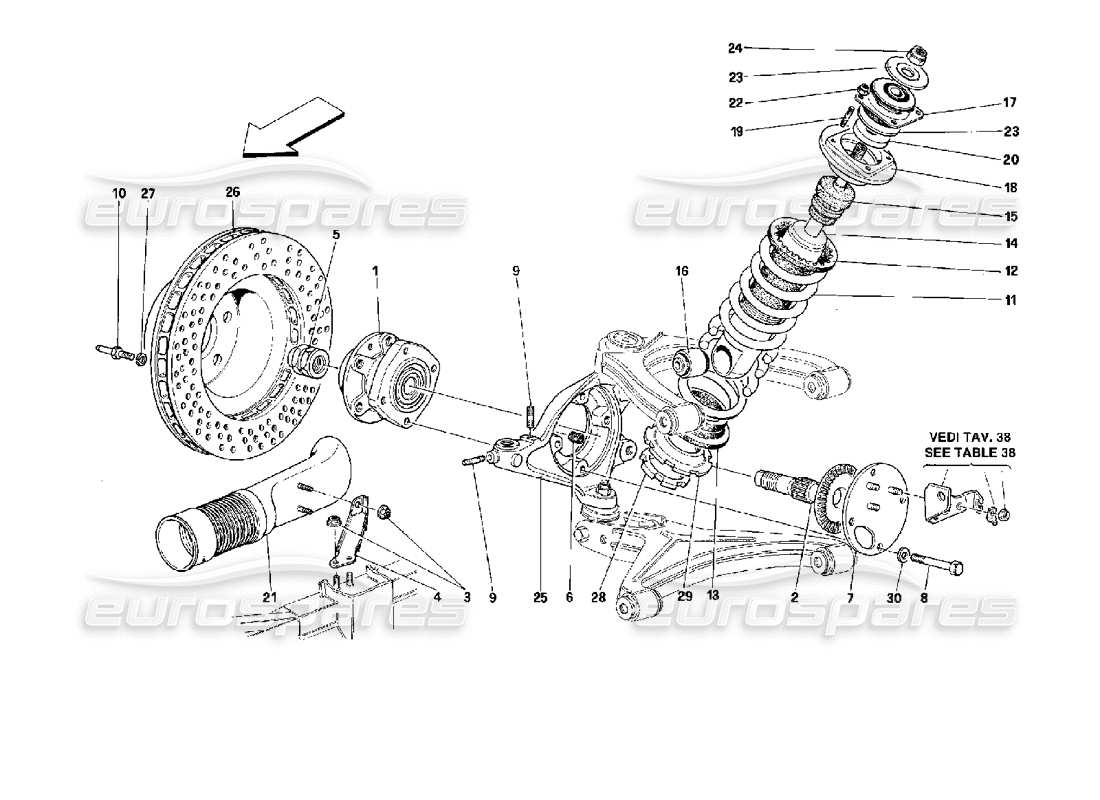 ferrari 512 m sospensione anteriore: ammortizzatore e disco freno diagramma delle parti