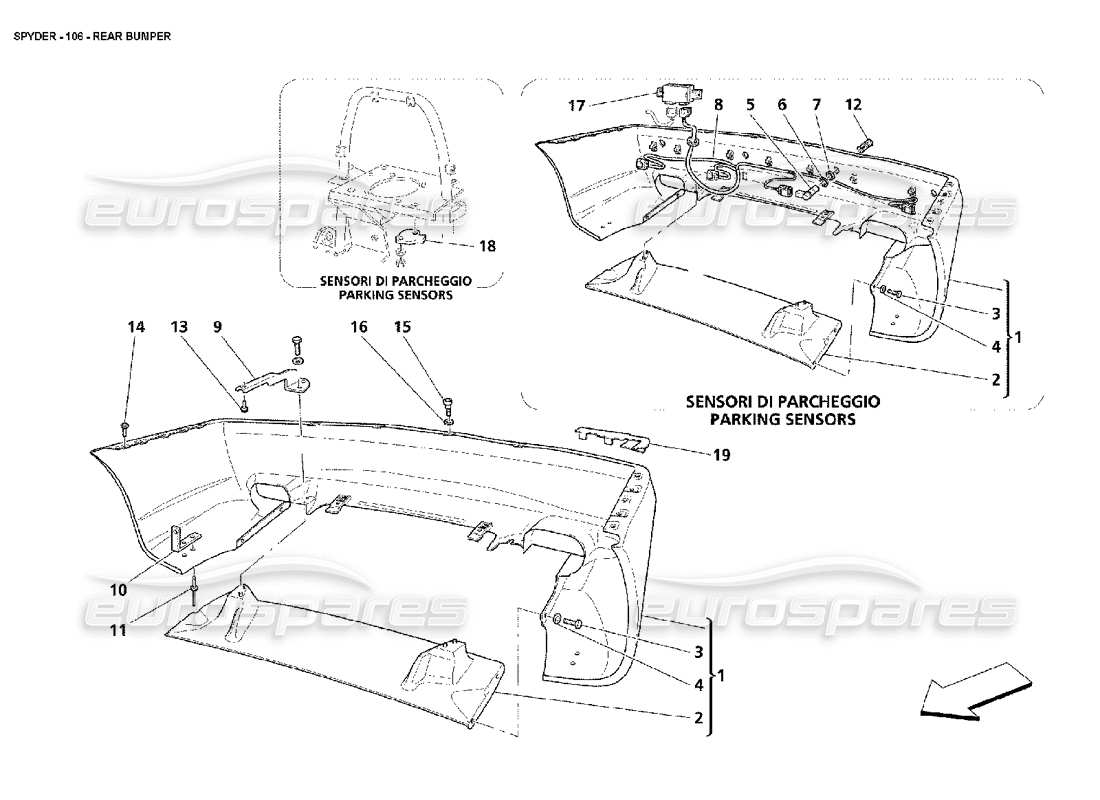 maserati 4200 spyder (2002) schema delle parti paraurti posteriore