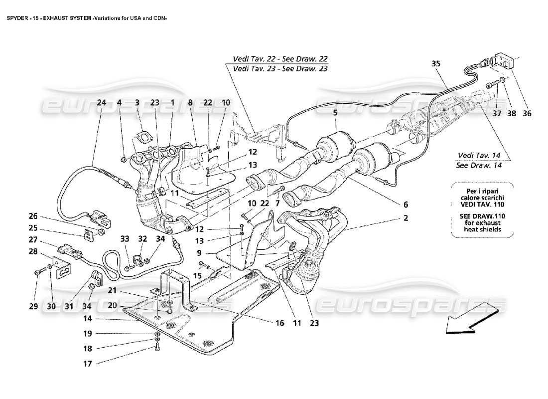 maserati 4200 spyder (2002) sistema di scarico -variazioni per diagramma delle parti usa e cdn